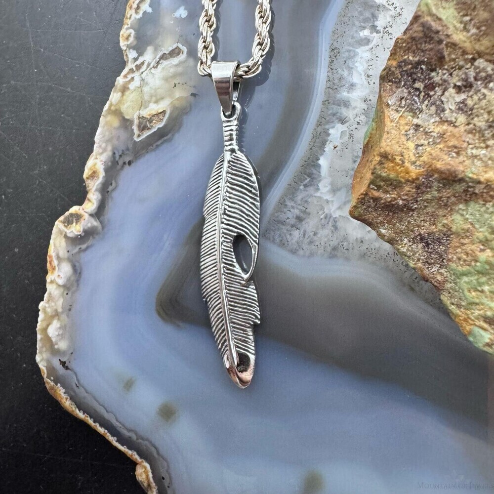 Sterling Silver Southwestern Style Feather Unisex Pendant - Picture 6 of 10